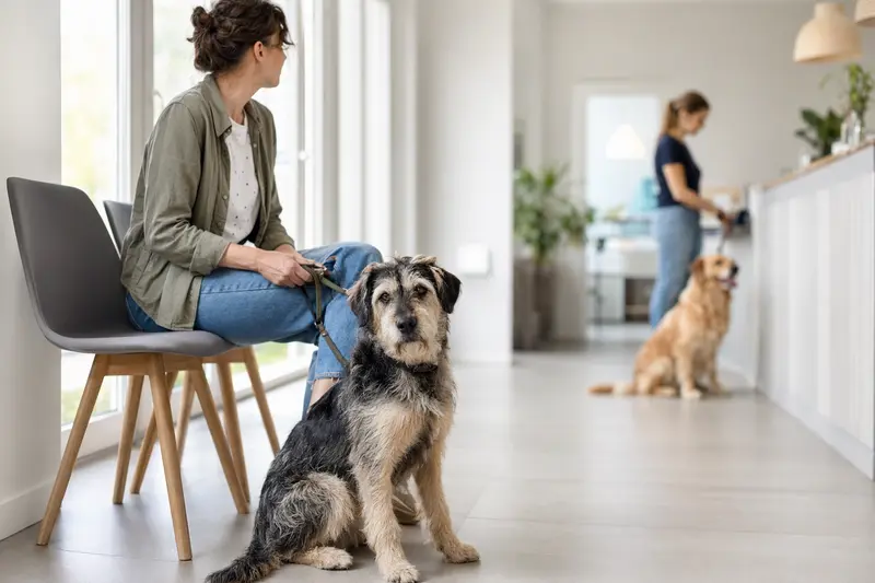 Ein Doguillo sitzt ruhig neben seinem Besitzer im hellen Wartezimmer einer modernen Tierarztpraxis.